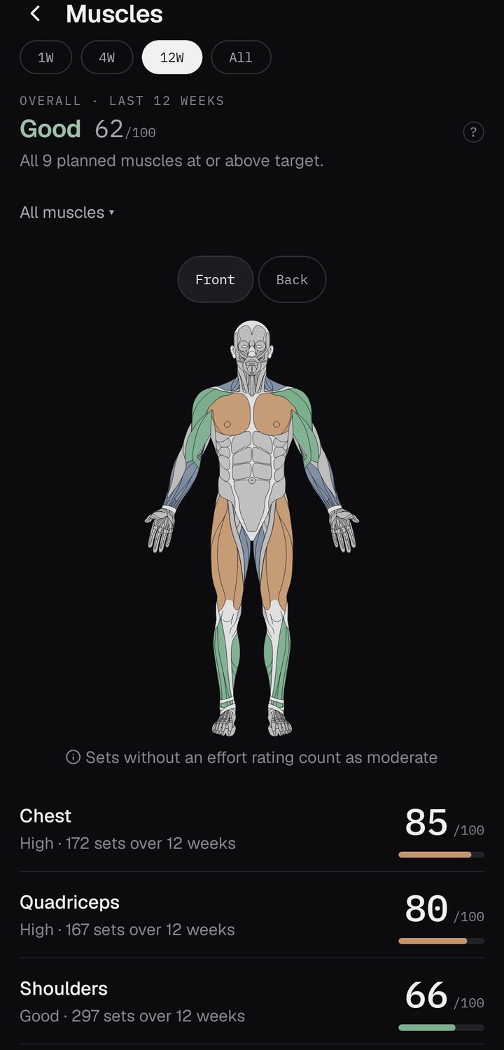 myoxin app screen: full-body muscle stimulus map, chest rated High, delts rated Good, abs rated Light.