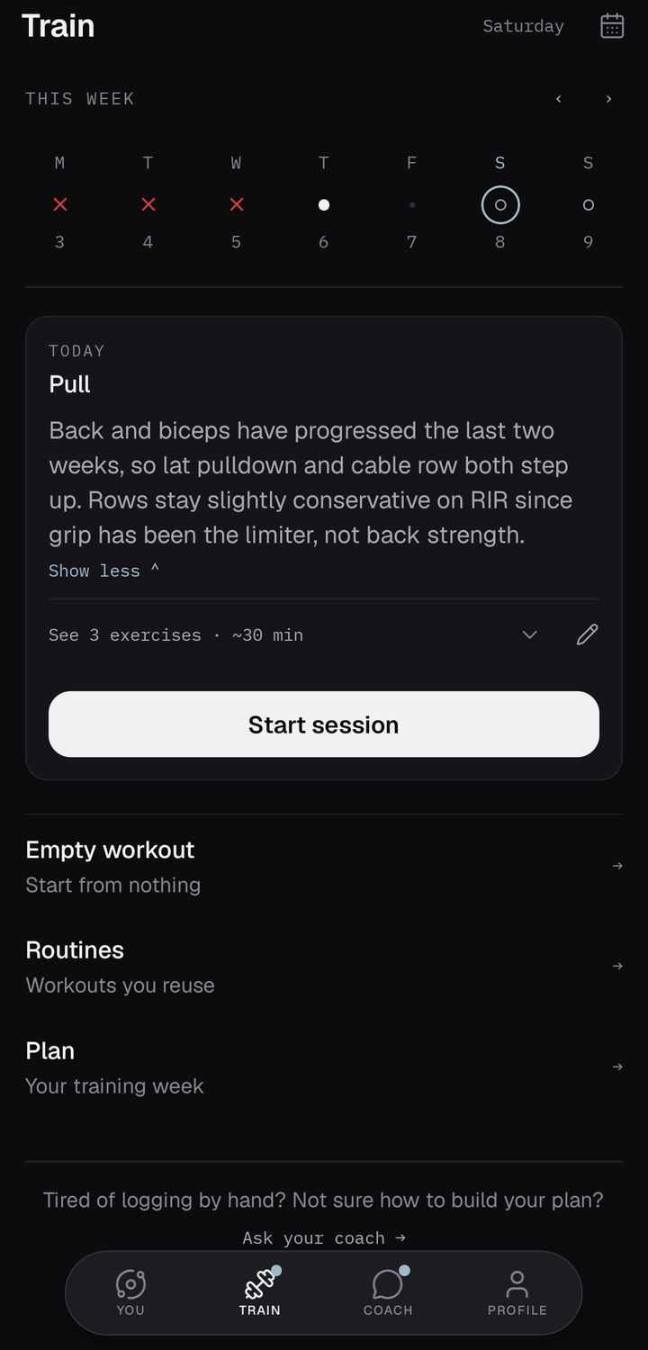 myoxin app screen: today's session, Pull, with a short paragraph explaining why and a Start session button.